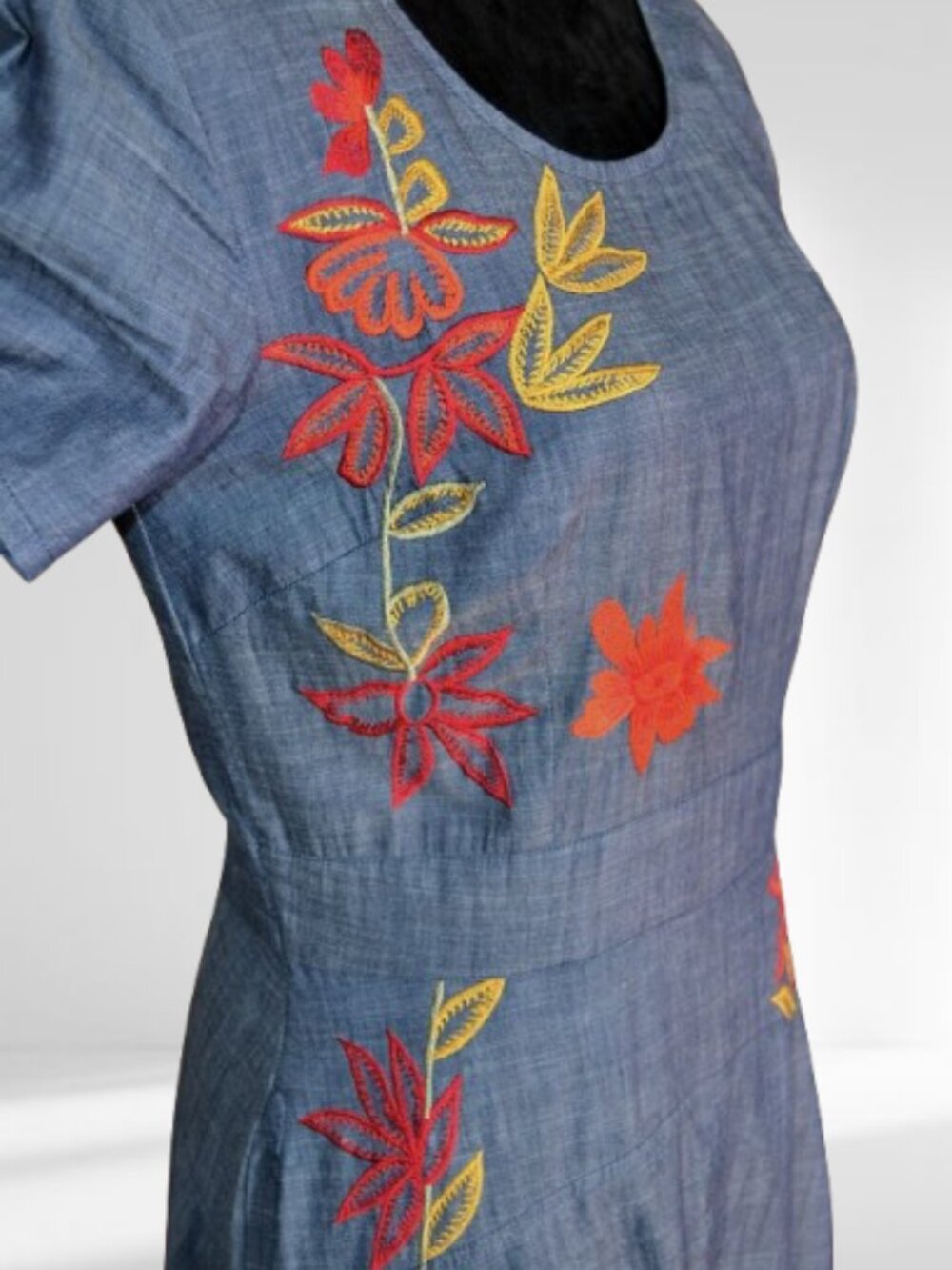 Flowers & Sparrow Embroidered Chambray Midi Dress Eshakti CUSTOM 6 - Picture 3 of 7
